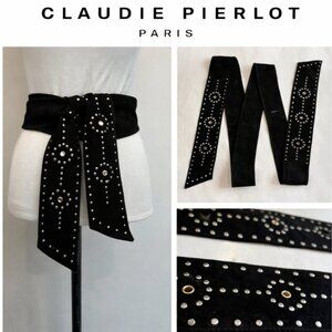 Claudie Pierlot Black Suede Studded Wrap Belt Silver Detail
